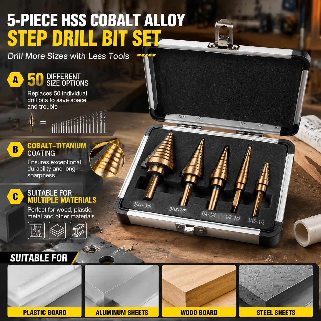 طقم 5 قطع من رؤوس الحفر المخرو - مراجعة Step Drill Bit Set Titanium Hss Cobalt وسعره